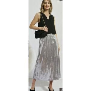 Serra Silver Sequin Skirt Womans Size Large Pull On Stretch 90s Glam Party NEW